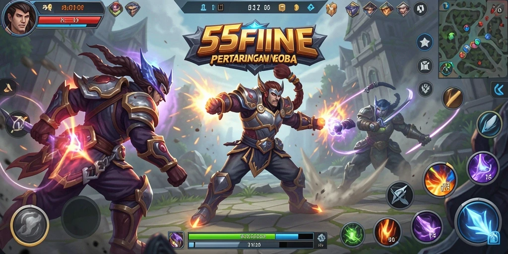 Tampilan aksi seru dari gameplay MOBA 55FIVE.