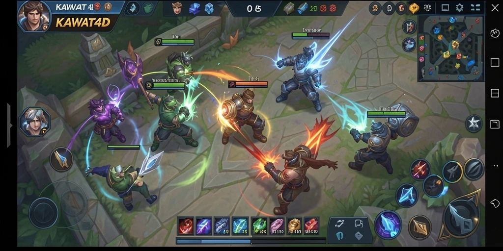 Tangkapan layar gameplay seru KAWAT4D dalam pertempuran MOBA.